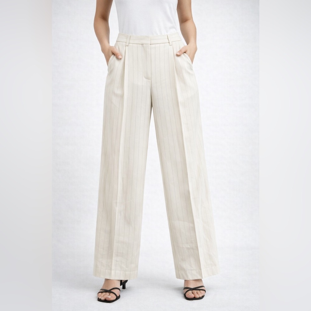Aritzia Babaton‎ Pleated Pants Size 8 Regular Cream Pinstripe Wide Leg Tailored